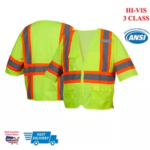 High Visibility Hi Viz Vis YELLOW ANSI CLASS 3 Safety Vest Solid Reflective - Picture 1 of 6