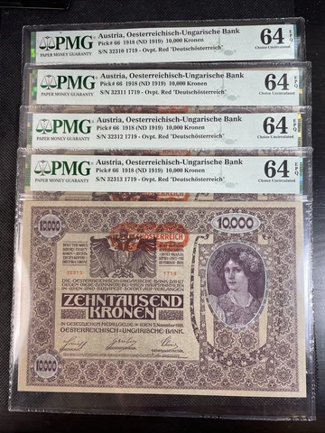 Austria 1918 10,000 Kronen Pick# 66 Banknote PMG 64 EPQ - 4 Consecutive Notes Cover