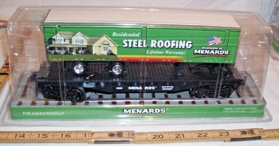 MENARDS FLAT CAR WITH STEEL ROOFING TRUCK TRAILER O SCALE LIMITED BOXED - Image 1 of 3