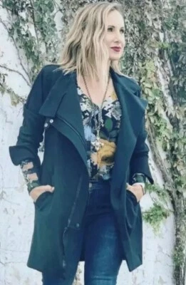 Cabi Renaissance Forest Green Black Asymmetrical Trench Mid Length Jacket Size S - Image 1 of 4