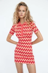 Zara Knit Jacquard Collar Polo Mini Dress Geometric Print Red Pink 5039/411 M L - Bild 1 von 8