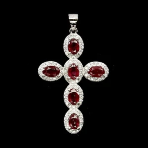 925 Sterling Silver Pendant Oval Ruby 6x4mm Cross Natural Gemstone Jewelry - Picture 1 of 13