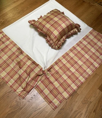 100% Silk Waterford QUEEN Bedskirt Decorative Pillow Set Pink Yellow Gold Plaid - Image 1 of 4