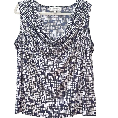 Blusa Jones Studio NY sin mangas (1X), cuello capucha drapeada, blanca con estampado azul nueva sin etiquetas Foto 1 de 4