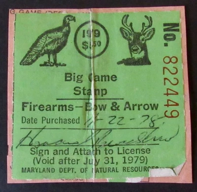 1978 Maryland Big Game Hunting Stamp  Firearms Bow & Arrow - Image 1 of 2