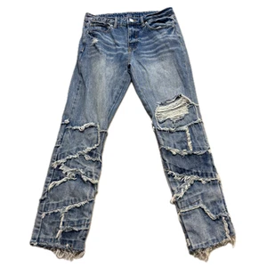 Forever 21 Slim fit Distressed Denim Jeans Men's 30X28 Narrow Hip Raw Hem Patch - Picture 1 of 15