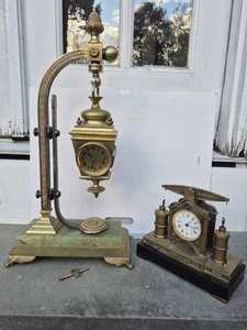 French Anitique Gilt Bronze Industrial Novelty Lamp Post Clock Timepiece Onyx - Picture 1 of 8