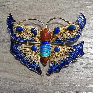 Vintage Plique a Jour Schmetterling Brosche vergoldet Sterlingsilber & Lapis - Bild 1 von 4
