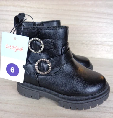 Cat & Jack Toddler Girls Evie Ankle Boots Size 6 Black Faux Leather Buckles Zip - Image 1 of 4
