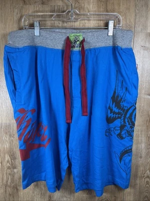 Y2K Ed Hardy Streetwear Graphic Tattoo Blue Shorts W Winged Tiger Size L NWT - Image 1 of 4