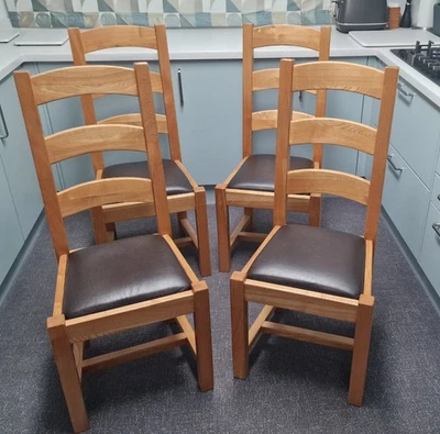 4 Solid Oak Ladder Back Kitchen Chairs with Brown Padded Seats, Great Condition - Image 1 of 4