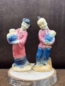 VTG Porcelain Asian Man Woman w Jars Figurines Pair 8" ROYAL COPLEY Red Blue - Picture 1 of 23