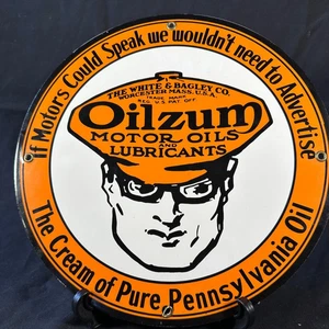 Vintage Porzellan Benzin Schild - Oilzum Ölschmierung Porzellan Zapfsäule Schild - Bild 1 von 9