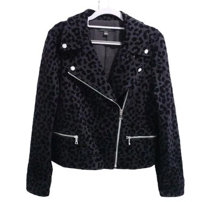Chaqueta de moto Ann Taylor de terciopelo con estampado de leopardo negra talla 6 Preppy para mujer Foto 1 de 4
