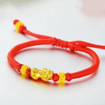 999 24K Yellow Gold Bracelet 3D Craft Pixiu Handmade Lucky Red Cord Bangle - Image 1 of 4