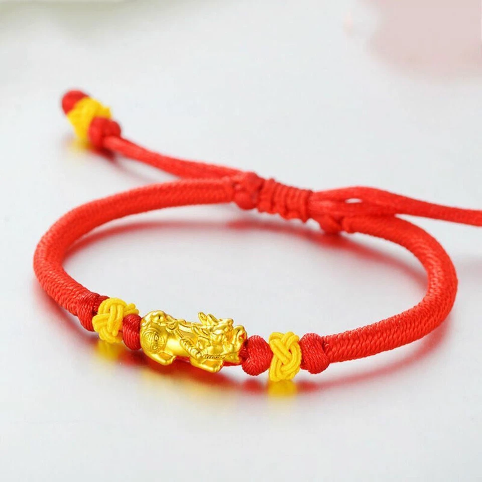 Brazalete de oro amarillo 999 24K 3D artesanal Pixiu hecho a mano con cordón rojo de la suerte Foto 1 de 4