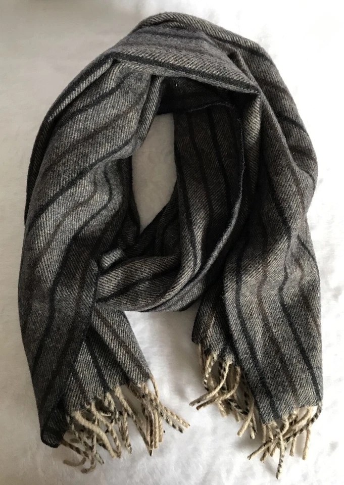 KAPS 100% верблюжья шерсть сделано в США шарф серый/черный/коричневый/белый в елочку полоски - Изображение 1 из 4