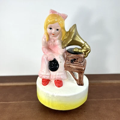 Caja de música giratoria vintage Blue Seas 6,5" cerámica rosa vestido niña tocadiscos Foto 1 de 4