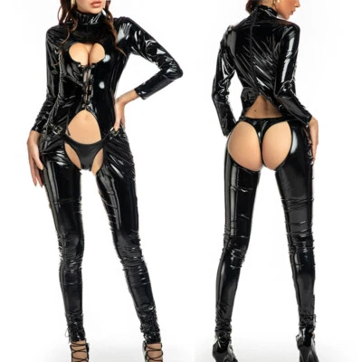 Damen Sexy Catsuit Leder Lack-look Glänzend Overall Wetlook Anzug Body Clubwear - Bild 1 von 4