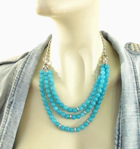 FOSSIL Brand Semi-Precious Blue Bead Tiered Silver-Tone Necklace NEW $98 - Picture 1 of 6