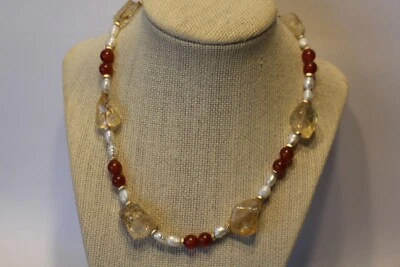 SIGNED GSJ, 14K GOLD, CITRINE, CARNELIAN, REAL BAROQUE PEARLS, NECKLACE. Foto 1 de 4