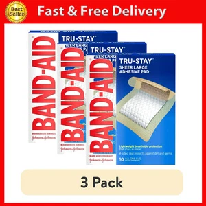 (3 Confezioni) Cuscinetti Adesivi Marca Tru-Stay Band-Aid, Bende Sterili Grandi, 10 Ct - Foto 1 di 7