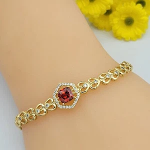 14K Gold Plated Hearts Chain Red CZ Bracelet. Fashion Luxury Elegant Jewelry. - Picture 1 of 5