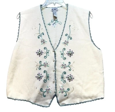 Chaleco Floral Bordado Koret Mujer L Marfil Verde Púrpura Perla Botón Croqueta Foto 1 de 4