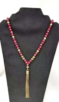 Lucky Brand Tassel Necklace Ruby Red Agate Beaded Goldtone 32 In. - Image 1 of 4