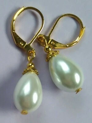 Pendiente LÁGRIMA PERLA VIDRIO BLANCO GP PALANCA TRASERA artesanal XX Foto 1 de 4