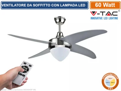 V-TAC VT-6043-4 VENTILATORE DA SOFFITTO 60W LAMPADA LED 15W 3IN1 CAMBIA COLORE - Immagine 1 di 2