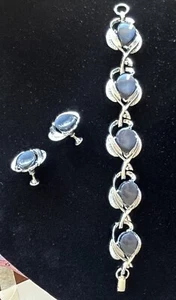 Signed Star Brand Silvertone Bracelet & Earrings Set With Blue Thermoset Accents - Picture 1 of 4