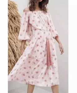 Alexis Dress Tilia Midi Crepe Pink Peasant Tiered Sz Med NWT - Picture 1 of 8
