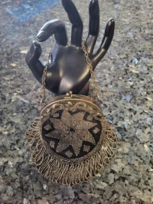 Antique 1900 Vitorian Edwardian Steel Cut Bead Repousse Fringe Purse w Belt Clip - Image 1 of 4