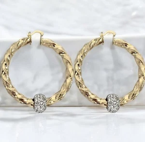 Large Gold Chunky Twist Hoop Earrings With Crystal Balls Gold Guilded Hoops 70mm - Picture 1 of 6