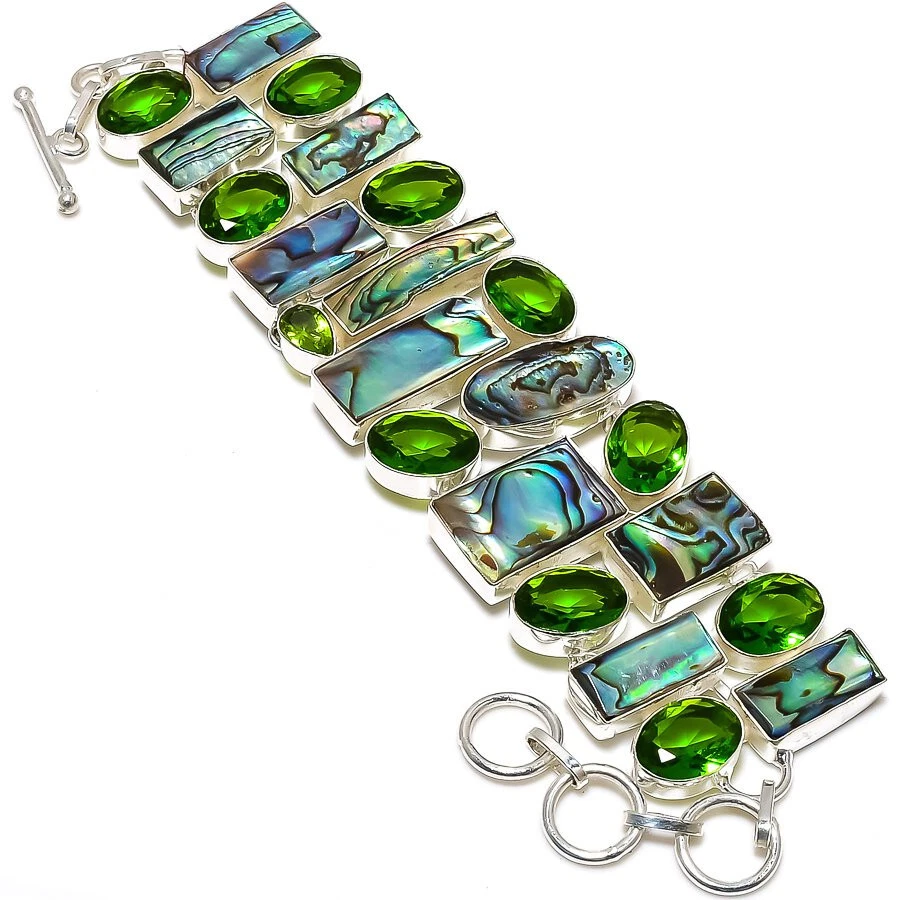 Abalone Shell Peridot Gemstone Silver Plated Bracelet Jewelry 7-9" - Image 1 of 1