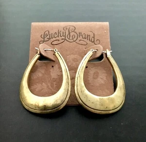 Lucky Brand Antique Gold Tone Oval Modern Hammered Hoop Earrings - Picture 1 of 2