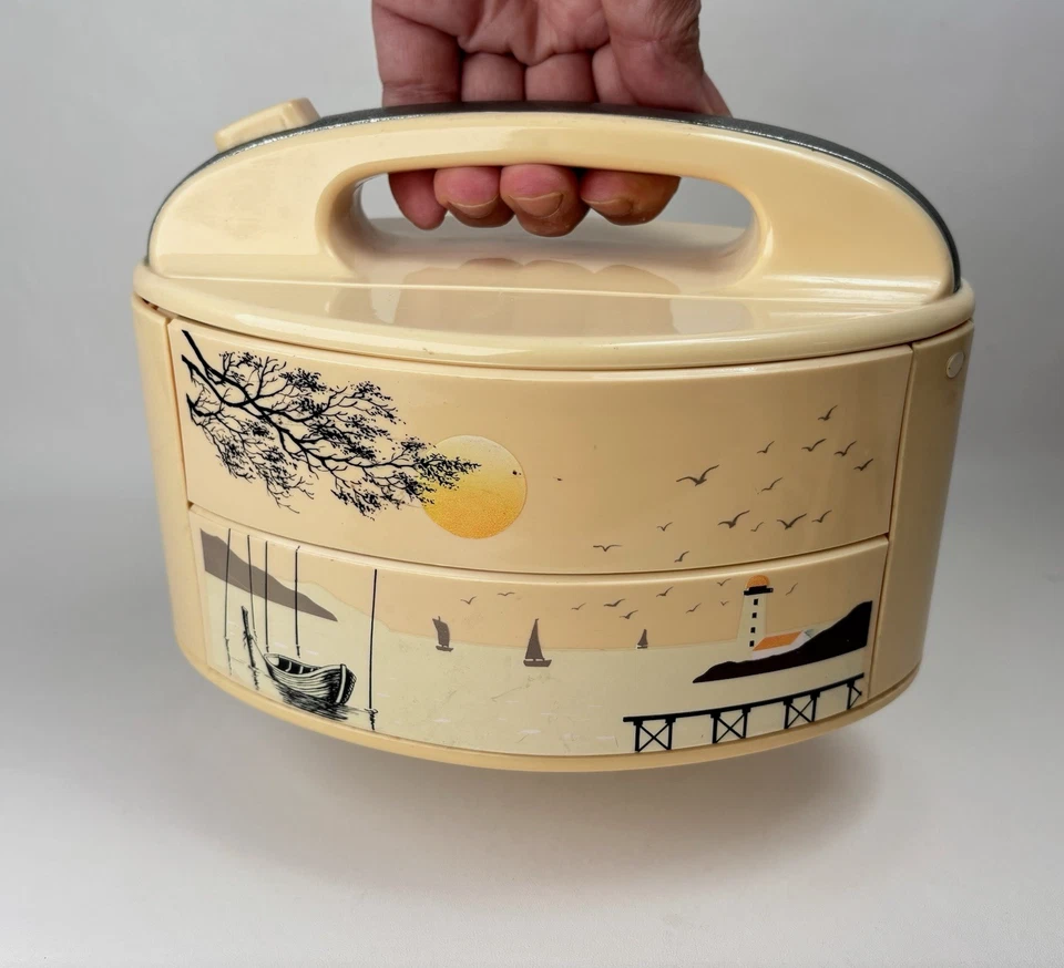 Bandejas de caja de almacenamiento Bento apilables vintage de 2 niveles con mango de melamina comida fría caliente Foto 1 de 4