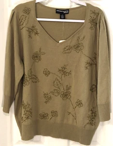NEW! Norton McNaughton Sweater Sz 2X Embroidered Floral Olive Green Boho Top NWT - Picture 1 of 7