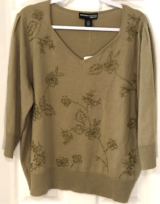 ¡NUEVO! Suéter Norton McNaughton Talla 2X Bordado Floral Verde Oliva Boho Top Nuevo con Etiquetas Foto 1 de 4