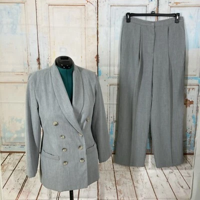 Traje pantalón vintage JG Hook para mujer gris liso doble botonadura 2 piezas talla 8 Foto 1 de 4