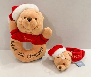 Winnie The Pooh Plush Baby Hand & Wrist/Foot Rattle First Christmas Excellent - Picture 1 of 11