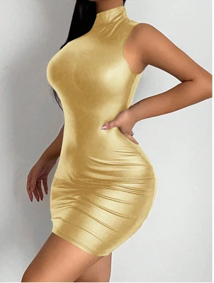 Gold SXY Mock Neck PU Leather Bodycon Dress Sz XS S M L XL XXL - Image 1 of 4