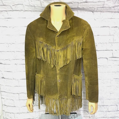 Vintage Suede Leather Fringe Jacket Men's L 70'S Western Rancher Hippie USA - Image 1 of 4