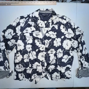 Jones New York Signature Front Tie Floral Shirt Blouse XL Navy Blue & Cream - Picture 1 of 14
