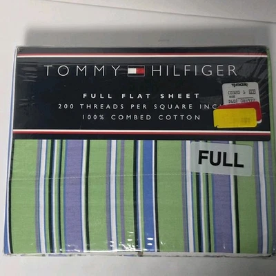 Tommy Hilfiger Full Dbl Flat Sheet NOS New In Package Green Blue Purple Stripes - Image 1 of 4