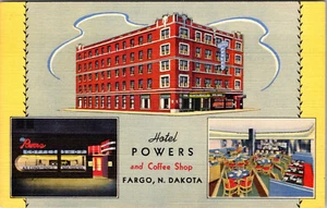FARGO NORTH DAKOTA HOTEL POWERS & COFFEE SHOP VINTAGE LINEN ADVERTISING POSTCARD - Picture 1 of 2