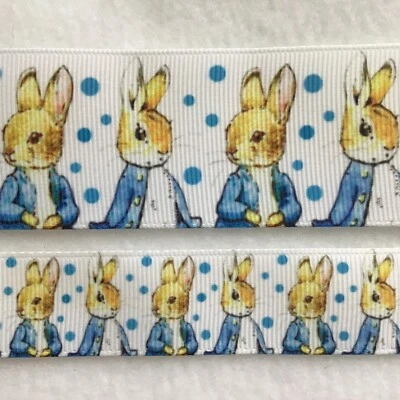 Bunny Inspired Grosgrain ribbon BTY  3/8”  5/8”  7/8"  1.5"  Peter Rabbit Blue - Image 1 of 4