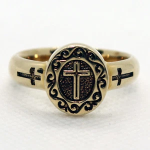 CROSS RING OVAL Cross Signet Goldtone FINE BRASS Unisex  Size 10  NEW!  - Picture 1 of 7