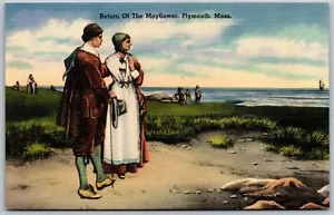 Vintage Plymouth Massachusetts MA Rückkehr der Mayflower-Pilgramme am Strand Postkarte - Bild 1 von 2